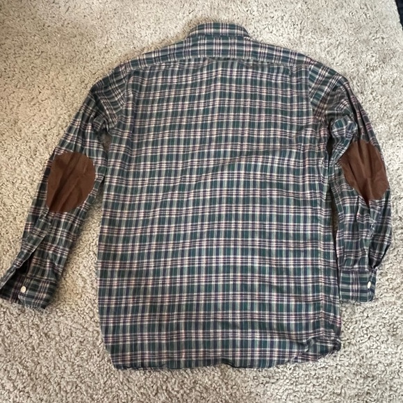 Vintage 1990s Polo Country Authentic Dry Goods Plaid Elbow Patch Button Down - Picture 2 of 8